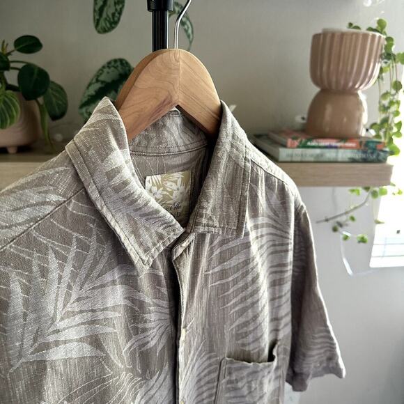 Tasso Elba Mens Linen Silk Blend Shirt XL Beige Brown Palm Leaves Button Up - Picture 3 of 7